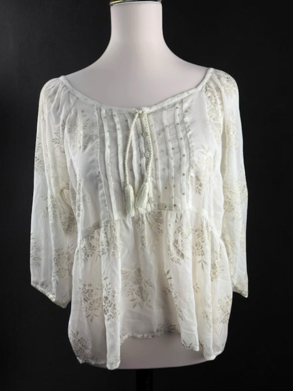 Abercrombie & Fitch Ivory Floral Pintuck Semi Sheer Peasant Blouse